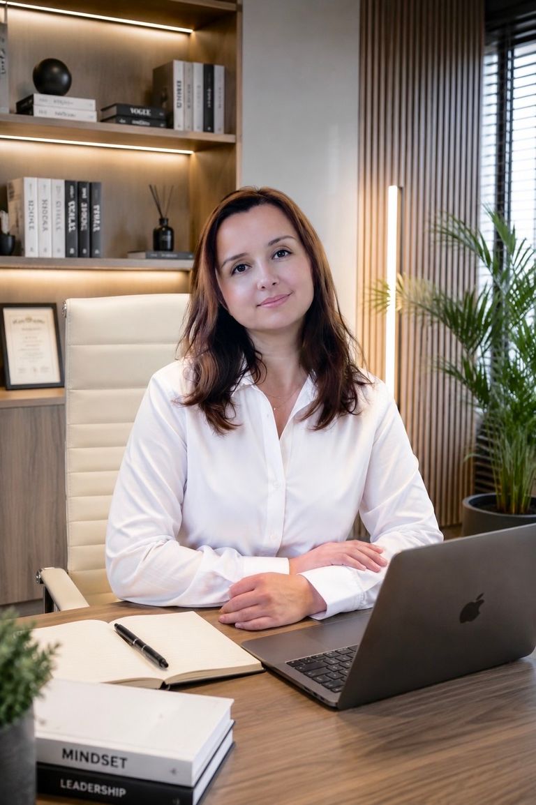 Luydmila Osadchuk sitting at a desk with a laptop in a bright office with bookshelves