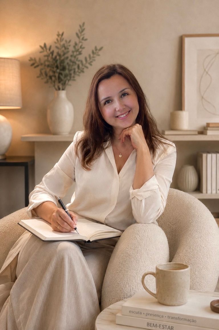 Luydmila Osadchuk in a light blouse sitting in an armchair with a notebook and smiling